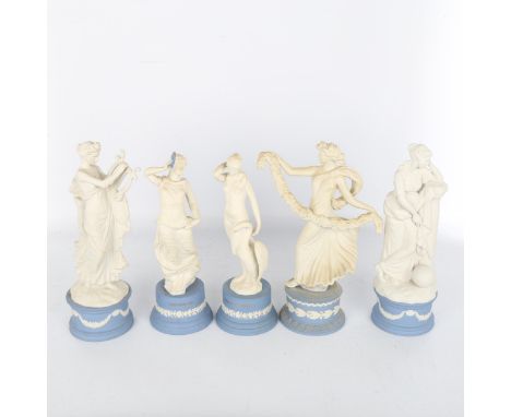 A group of 5 Wedgwood blue and white bisque porcelain Classical figures, largest height 27cm (5)All in perfect condition, no 