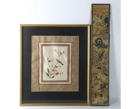 A narrow Chinese hand painted silk panel, probably early 20th century, length 52cm, and a Chinese silk embroidery depicting b