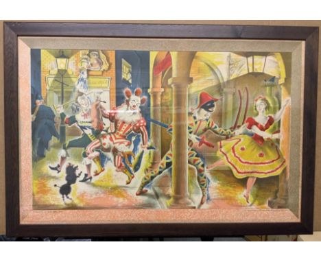 FRAMED CLARKE HUTTON PRINT HARLEQUINADE S.P.13 PRINTED IN ENGLAND AT THE BAYNARD PRESS FOR SCHOOL PRINTS LTD LONDON 
FOR COLL