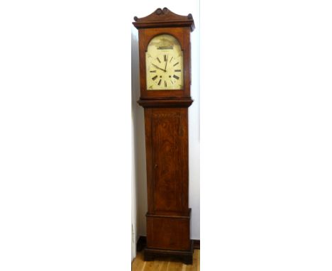 Standuhr, sog. "Longcase Clock", England, 1.Hälfe 19.Jh. Eichengehäuse, schauseitig mit zarten Bandintarsien, seitl. Türen mi