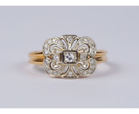 Ring mit Altschliff-Brillanten, 750er Weiß- und Gelbgold, Art Déco, Gew.3,29g 25 kleine Altschliff-Brillanten, total ca.0,20c
