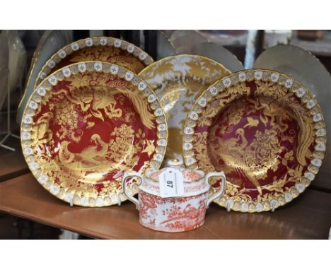 A Royal Crown Derby Heraldic Red Aves pattern cake plate; others, similar, 21.5cm plate, 21.5cm dish; a Gold Aves pattern 21.