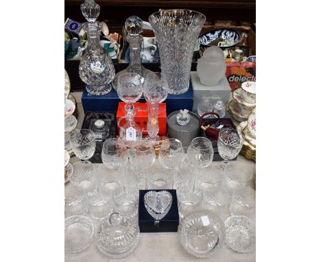 Glassware - a Waterford crystal mantel clock, vases, etc; Edinburgh crystal drinking glasses; Stuart crystal; decanters; atom