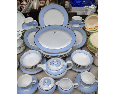 A Royal Doulton dinner and tea service, for six, pale blue and gilt banded, comprising cups, saucers, teapot, milk jug, sucri