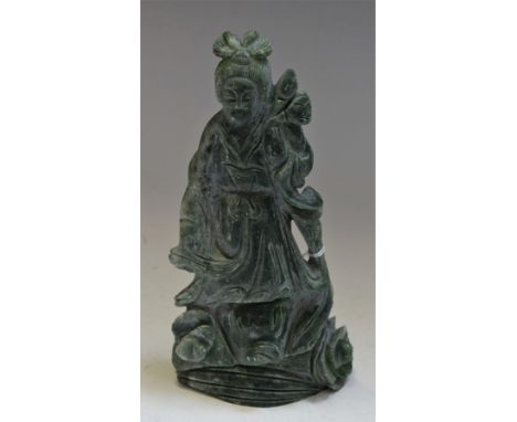 A Chinese green jade-coloured soapstone figure, carved as a lady, 20cm high  