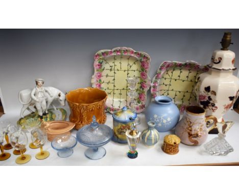 Ceramics and Glass - a Mason's Ironstone table lamp; a Willow pattern pressed glass dressing table set; a Staffordshire figur