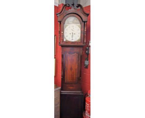 An oak and mahogany longcase clock, 32cm arched painted dial, the case with a swan neck pediment, shaped rectangular door to 