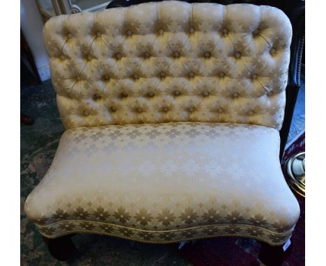 A pair of 19th century mahogany window seat sofas, of unusual small proportions, deep buttoned overstuffed cream damask uphol