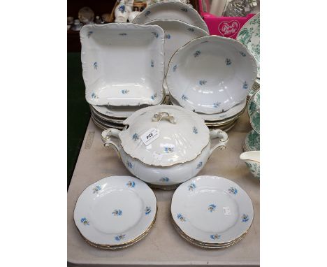 A Zsolnay Pecs six setting dinner service, painted and tinted with flowers, including tureen and cover, oval platter, square 