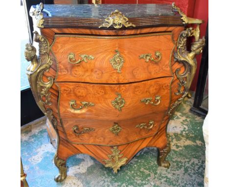 A contemporary Louis XV Revival metal mounted bombe shaped commode, stepped serpentine marble top above three long drawers fl