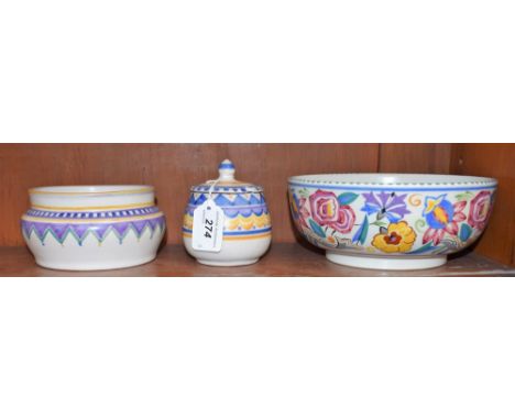A Poole Carter Stabler Adams Ltd hand painted preserve jar and cover, impressed marks c.1925; a similar circular rose bowl; a