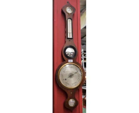 A William IV rosewood onion top wheel barometer, 19cm silvered register, alcohol thermometer, hygrometer, convex mirror, leve