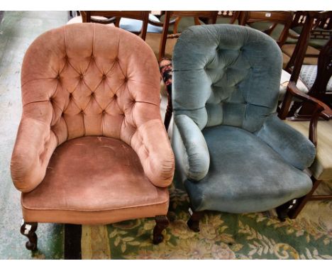 A Victorian button-back armchair; another similar, later (2)