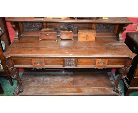 A 19th century mahogany console/serving table, substantial half-gallery with scroll supports centred by three carved and appl