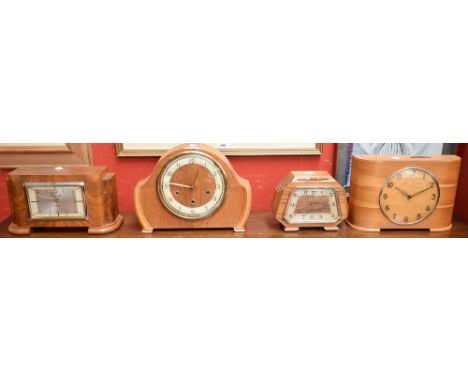 Clocks - a Smiths chiming walnut mantel clock, cream dial ring, marked Andrew, four bar chiming movement; others, W Bayard, T