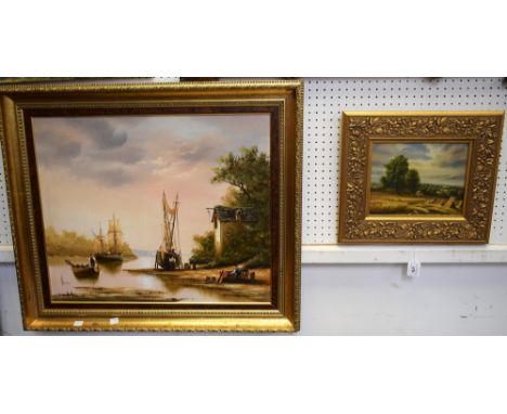 K. HammondSailboats in Estuarysigned, oil on canvas, 50.5cm x 61cm, framed; another, Dutch School, Harvest Time, 19cm x 24cm 