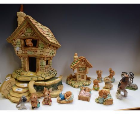 A Goebel model of a Hawfinch; another, Sparrow; a Coalport model of a Zebra and foal; Pendelfin including Large House, Cobble