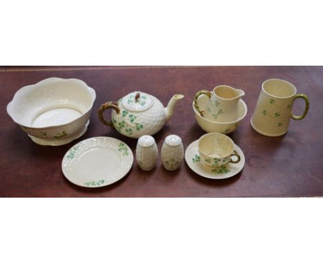 Ceramics - a Belleek Shamrock teapot, third black mark; a similar milk jug, green mark; a tankard; a fruit bowl, Shamrock and