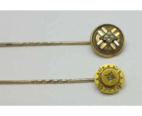 Two stick pins, one set with an old cut diamond