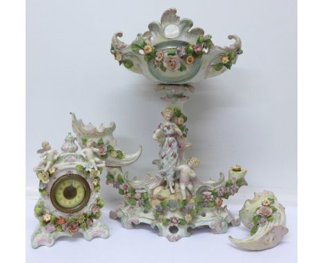 A continental table centrepiece and a clock, height of centrepiece 37cm