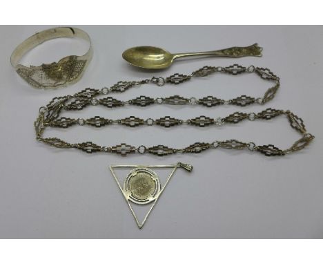 A silver chain, a bangle, pendant and spoon, 47.5g