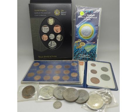 Coin sets and coins including 1977 UK Brilliant Uncirculated £2 coin, The Royal Shield of Arms, a George VI Farthings set, Br