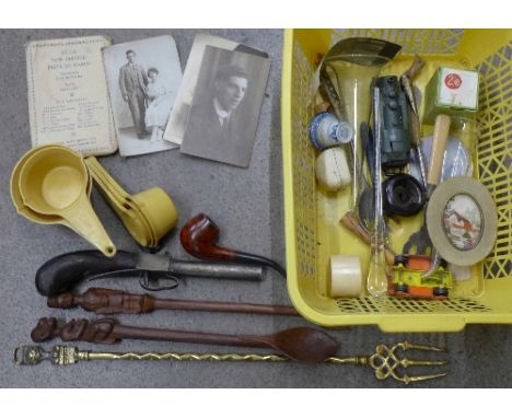 A Jouef model clockwork engine, graduated measures, glass trumpets, etc.