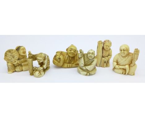 Six carved ivory netsuke, four signed