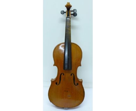A violin made by Christian Meifel, Violinmaker in Klinenghal 1927, a/f, length of back without button 338mm