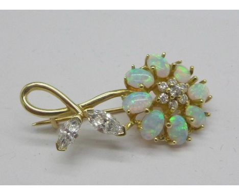 A 14ct gold, synthetic opal and clear stone brooch, 6.2g