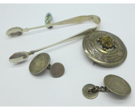 A Charles Horner silver and enamel brooch, a/f, silver sugar bows, a silver citrine brooch and a pair of Victorian silver cuf
