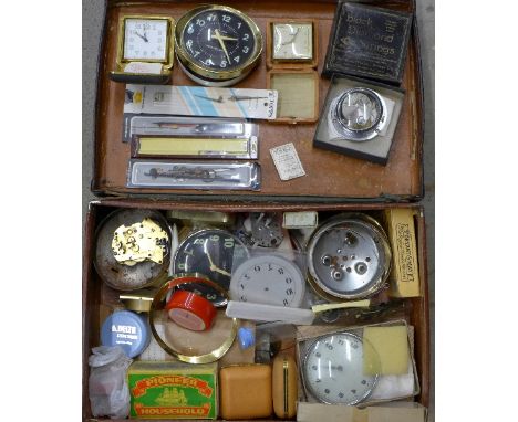 A case containing clock and watch parts, travel clocks, etc., a/f