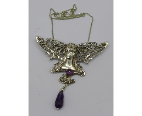 An Art Nouveau style, amethyst and white metal pendant and chain