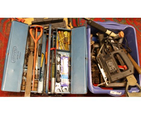 A cantilever tool box and box of tools to include saws, clamps, screw drivers, hammers etc.