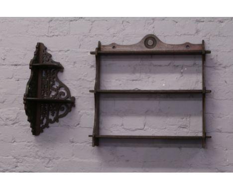 An oak three tier hanging open wall shelf with reeded mouldings, along with an open fretwork corner shelf.