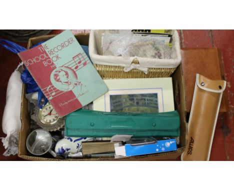 A box of miscellaneous to include Aulos recorder, Mini Cooper calender's, hand fans etc.