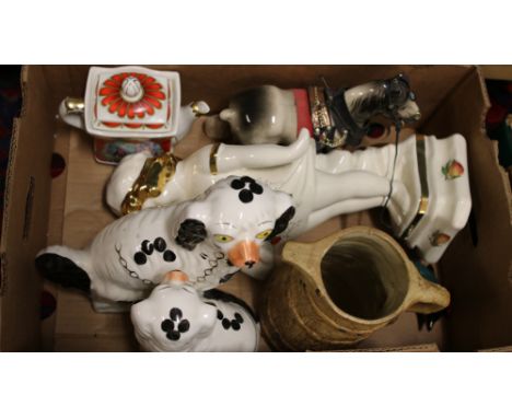 A box of ceramics to include mantle dogs, large ceramic figurine, Sadler teapot etc.