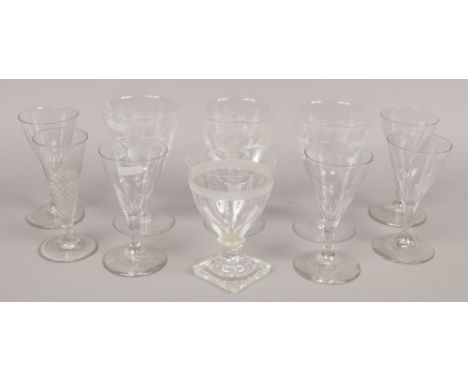 Ten 19th century drinking glasses including an etched rummer raised on a square lemon squeezer base.
