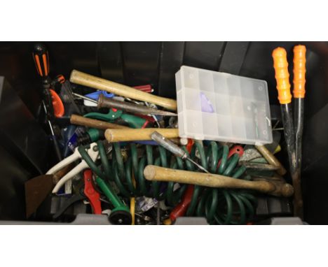 A box of tools to include gardening tools, screw drivers, saws, clamps etc.