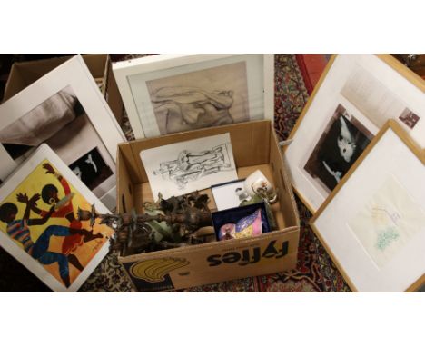 A box of miscellaneous including spelter and onyx candlesticks for spares / repair, framed prints, carltonware commemorative 