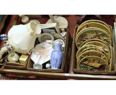 Three boxes of miscellaneous to include ceramic wall hanging display plates, table lamp, football trophies etc.