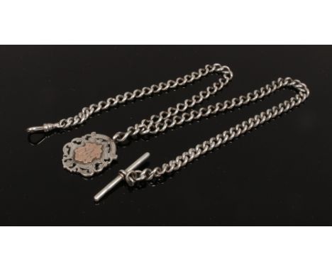 A silver double Albert pocket chain with t bar and silver fob, assayed Birmingham 1912, by William Hair Haseler.