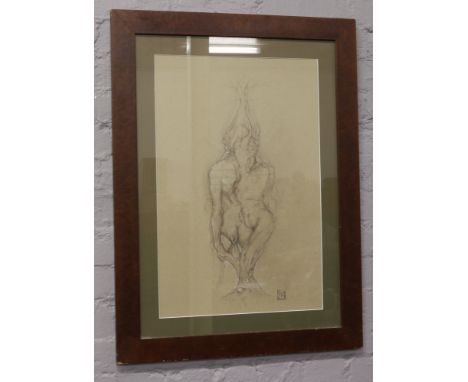 A framed surrealist pencil sketch, monogrammed N.B.