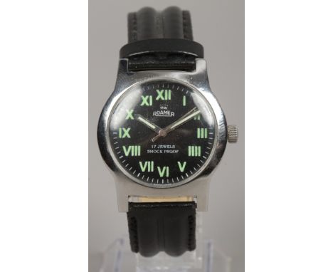 A gents stainless steel manual Roamer wristwatch with black dial and Roman numeral markers.