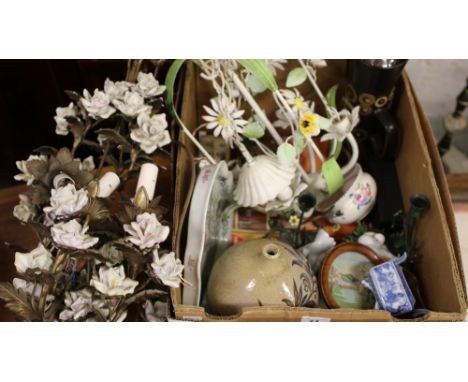 A box of miscellaneous including Poole, painted French style hanging light, painted metal candlesticks, carnival glass etc.