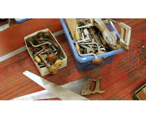 Two boxes of tools to include saws, spanners, hammers, screw drivers etc.