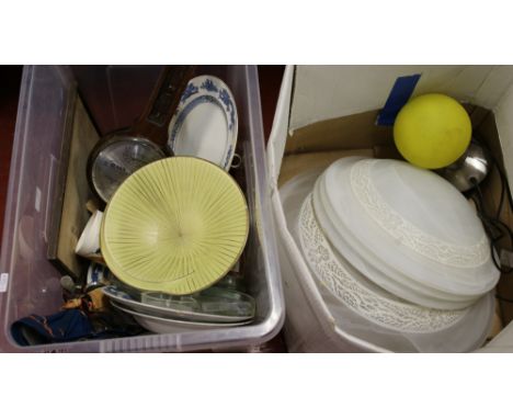 Two boxes of miscellaneous including opaque glass ceiling light shades, blue and white pottery, banjo barometer, light bulb t