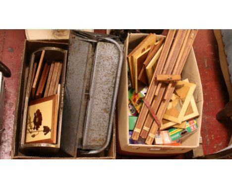Two boxes of miscellaneous to include artist easel, steel tool box, wood carving hunting scene etc.