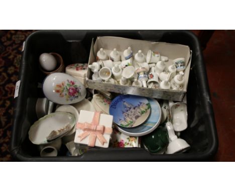 A box of small ceramic items to include thimble bells, Staffordshire tea plates, crestware etc.