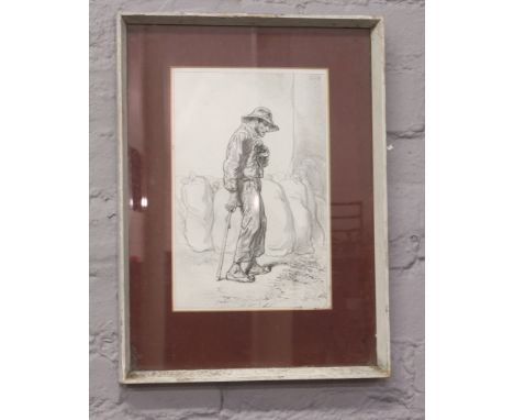 A framed pencil sketch of an elderly gentleman possibly a farmer.